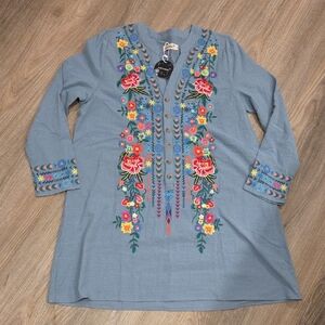 Embroidered Floral Dress in Dusty Blue Size XL Nwt